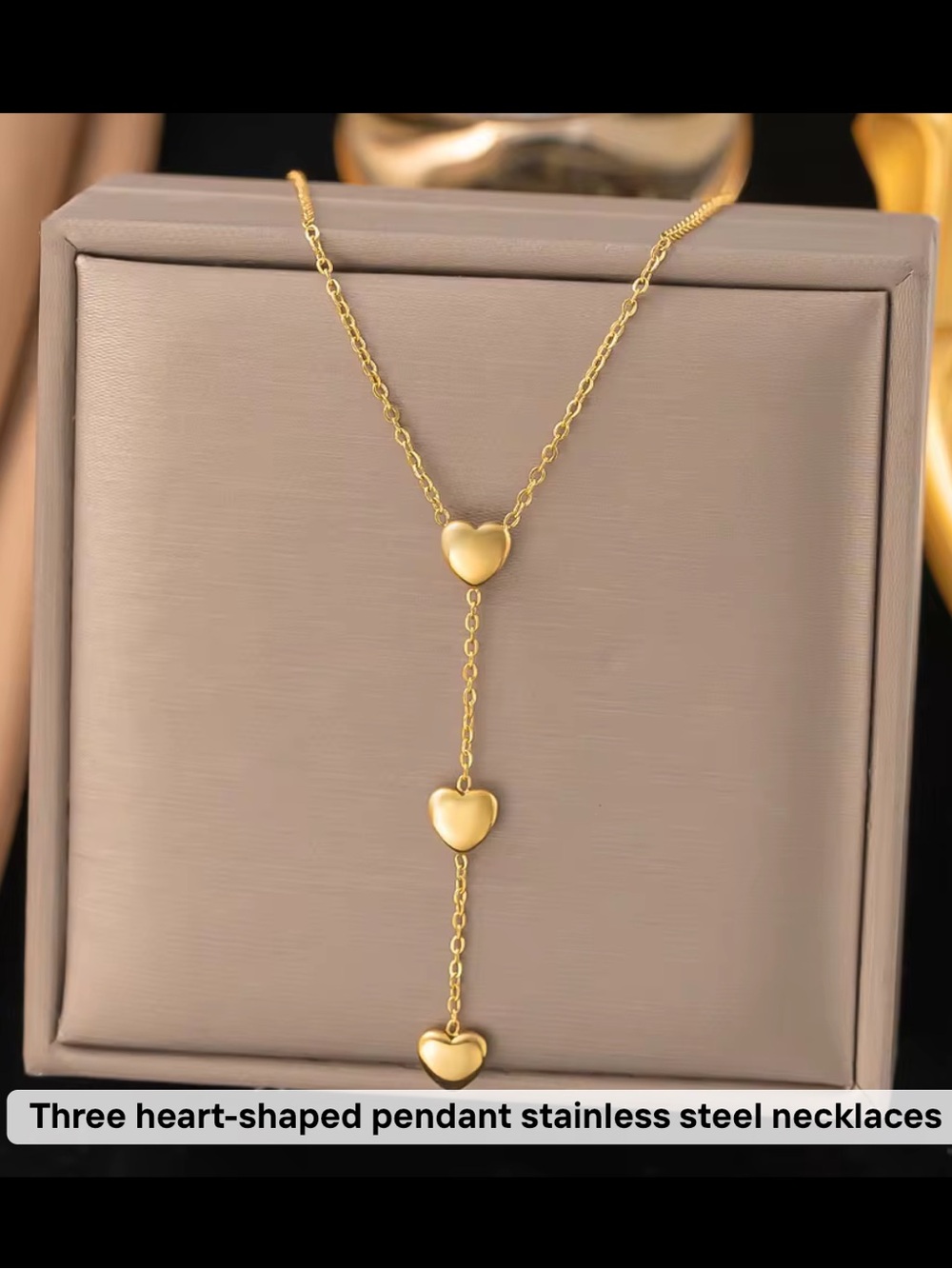 Gold Three Heart Pendant stainless steel Y‑Necklace